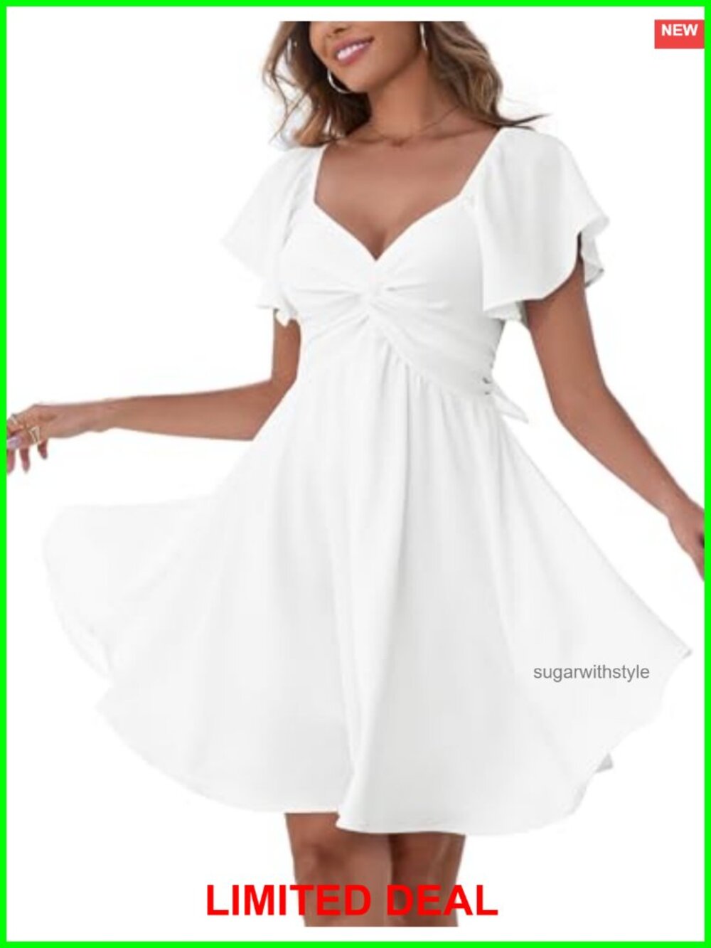 Florboom Sweetheart Knot Front Flutter Sleeve A-Line Chiffon Mini Dress